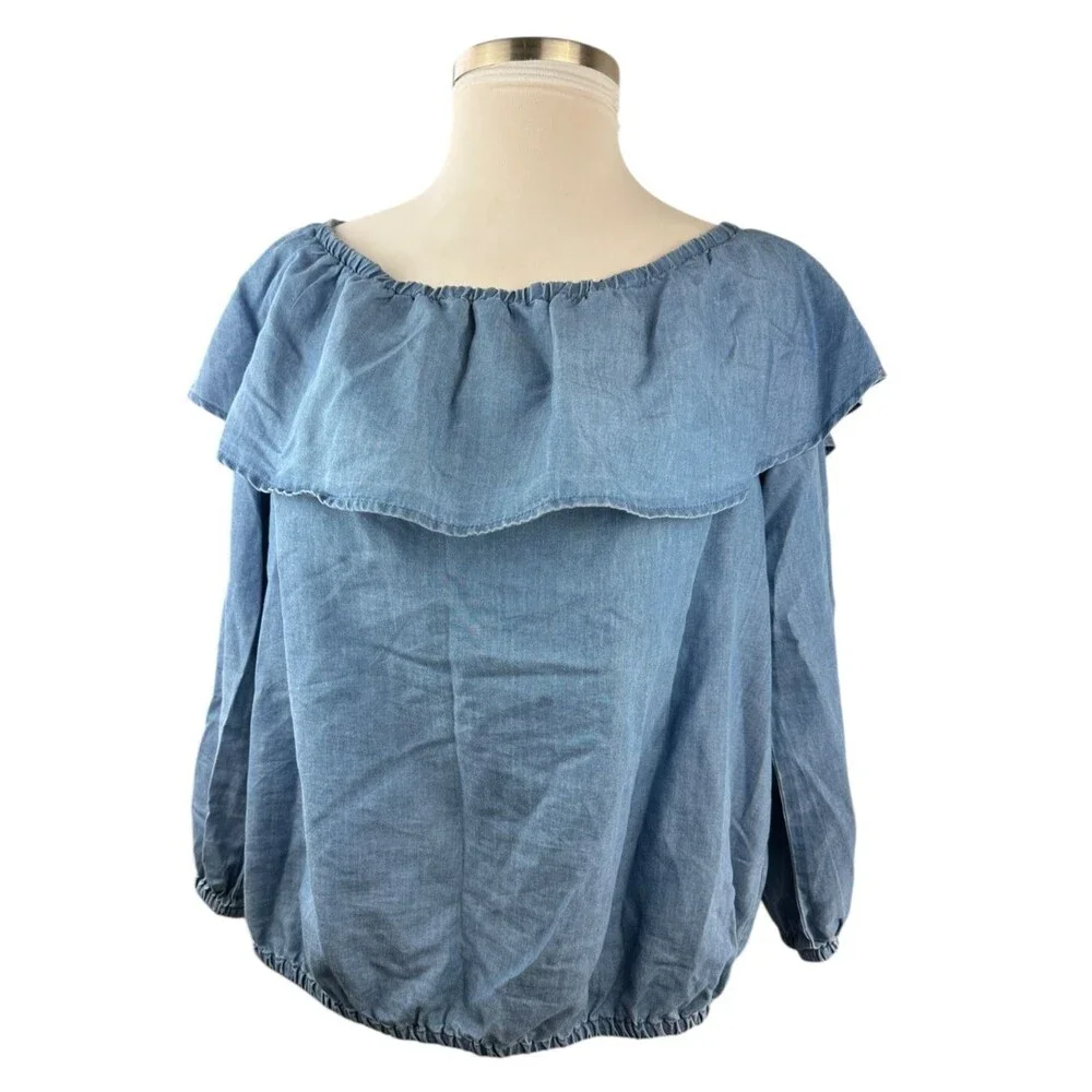 MICHAEL Michael Kors Off The Shoulder Denim Chambray Ruffle Top Plus Size 2X - Picture 3 of 11